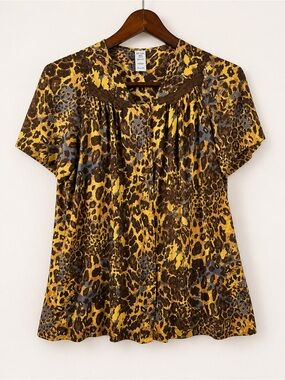 Y2K Leopard Print Blouse Lace Trim Button Front Drapey Top M/L